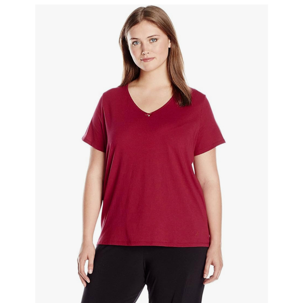 Nautica Short Sleeve Top Anchor Women's Plus‎ 1X Beet Red V Neck Comfy Shirt NWT